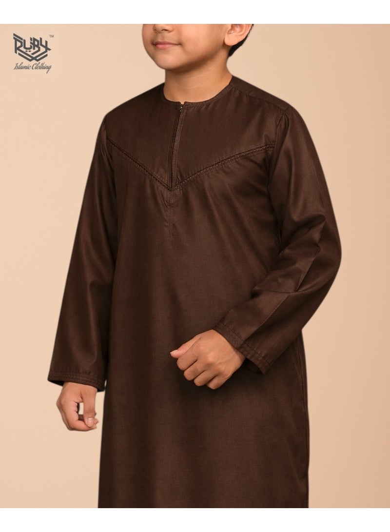 RUBY ISLAMIC CLOTHING Classic Brown Emirati Thobe Kandura for Children & Kids with Intricate Embroidery, Kandura Kaftan, Round Neck, Long Sleeve, Saudi Arabian Muslim Robe (Without Tassel) - Image 3